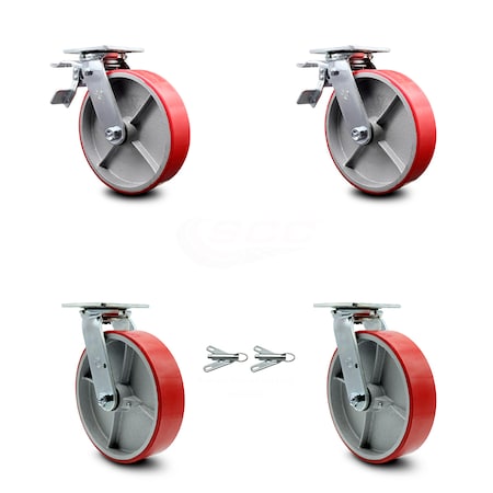Service Caster 8 Inch Red Poly on Cast Iron Caster Set with Ball Bearing 2 Brakes 2 Swivel Lock SCC-TTL30S820-PUB-RS-2-BSL-2